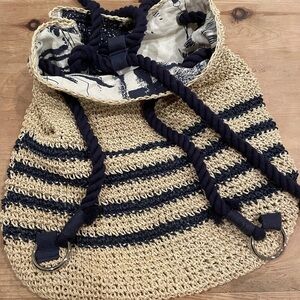 Cynthia Rowley Woven cotton floral lined beach bag backpack braided OS